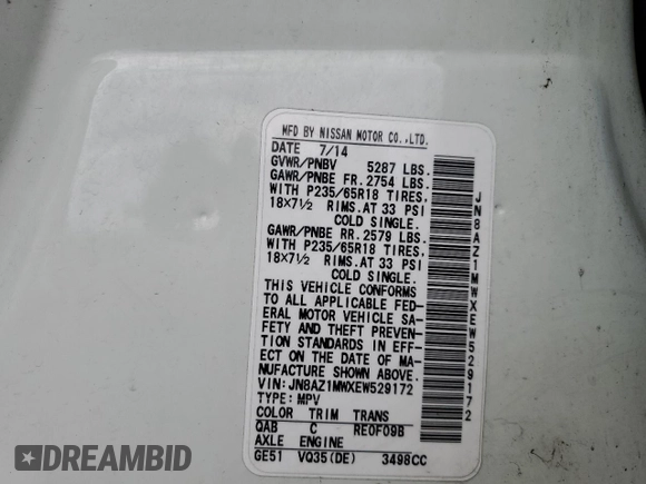 2014 Nissan Murano S with VIN JN8AZ1MWXEW529172, listed as a Copart auction lot 55863495 with 170,320 mi miles and Clean Title. Bid and sale history available at DreamBid. Image 13.