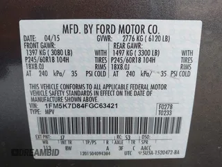 2015 Ford Explorer XLT with VIN 1FM5K7D84FGC63421, listed as a IAAI auction lot 41976273 with 62,362 mi miles and . Bid and sale history available at carsss.com. Image 9.