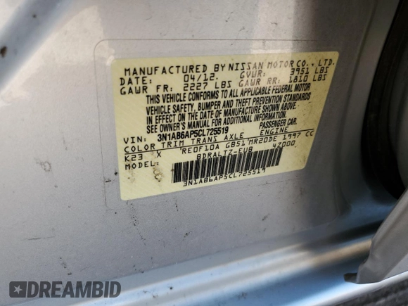 2012 Nissan Sentra S с VIN 3N1AB6AP5CL725519, выставлен на аукционе Copart как лот 58687335 с пробегом 119 496 миль миль и Чистый • Clean title. История ставок и продаж доступна на DreamBid. Изображение 12.