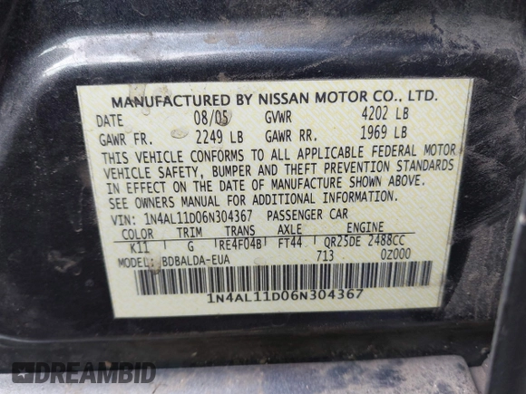 2006 Nissan Altima 2.5 with VIN 1N4AL11D06N304367, listed as a IAAI auction lot 41808294 with 198,815 mi miles. Bid and sale history available at carsss.com. Image 9.