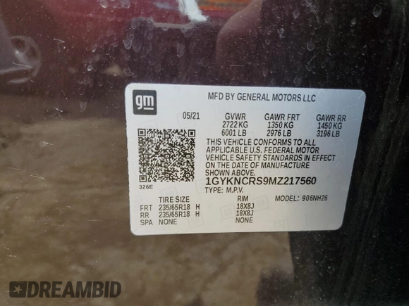 2021 Cadillac XT5 FWD Premium Luxury with VIN 1GYKNCRS9MZ217560, listed as a Copart auction lot 60733295 with 52,242 mi miles and Salvage title. Bid and sale history available at DreamBid. Image 13.