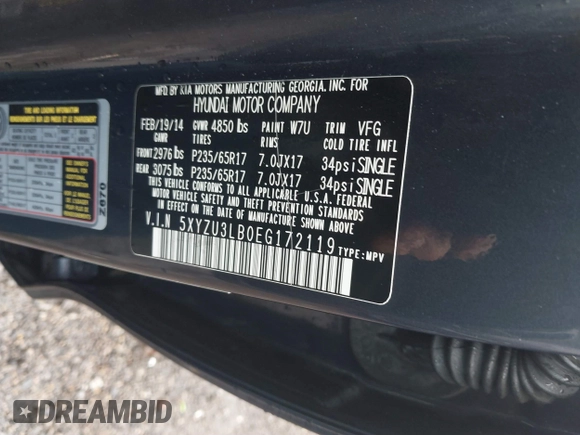 2014 Hyundai Santa Fe с VIN 5XYZU3LB0EG172119, выставлен на аукционе IAAI как лот 41069989 с пробегом 117 019 миль миль и . История ставок и продаж доступна на DreamBid. Изображение 9.