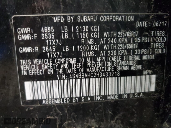 2017 Subaru Outback Premium with VIN 4S4BSAHC2H3433218, listed as a Copart auction lot 51782185 with 112,926 mi miles and Salvage Title. Bid and sale history available at DreamBid. Image 12.
