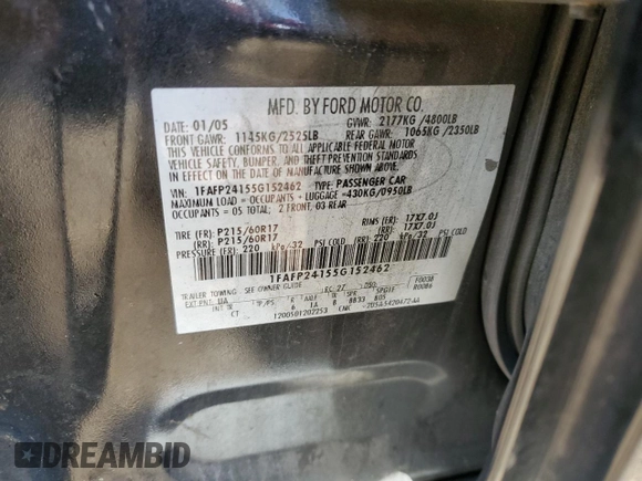 2005 Ford Five Hundred SEL with VIN 1FAFP24155G152462, listed as a Copart auction lot 80668544 with Not Provided miles and Salvage Title. Bid and sale history available at carsss.com. Image 13.