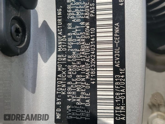 2004 Toyota Camry LE with VIN 4T1BE32K24U314110, listed as a Copart auction lot 64269255 with 192,033 mi miles and Clean title. Bid and sale history available at DreamBid. Image 12.