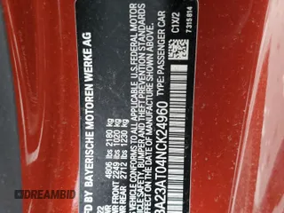 2022 BMW 4 Series 430i z VIN WBA23AT04NCK24960, wystawiony jako Copart lot #45815565 z przebiegiem Nie podano mil oraz Nie do naprawy • Non repairable. Historia ofert i sprzedaży dostępna na DreamBid. Obrazek 12.