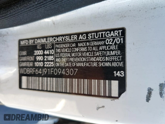 2001 Mercedes-Benz C 320 with VIN WDBRF64J91F094307, listed as a Copart auction lot 85820654 with 235,141 mi miles and Salvage Title. Bid and sale history available at DreamBid. Image 12.