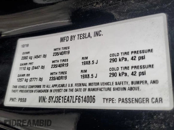 2020 Tesla Model 3 Standard Range Plus z VIN 5YJ3E1EA7LF614006, wystawiony jako Copart lot #53491465 z przebiegiem 51 170 mil mil oraz Czysty tytuł • Clean title. Historia ofert i sprzedaży dostępna na DreamBid. Obrazek 12.
