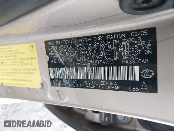 2005 Lexus ES 350 with VIN JTHBA30G755106720, listed as a IAAI auction lot 41305656 with 225,625 mi miles and . Bid and sale history available at DreamBid. Image 9.