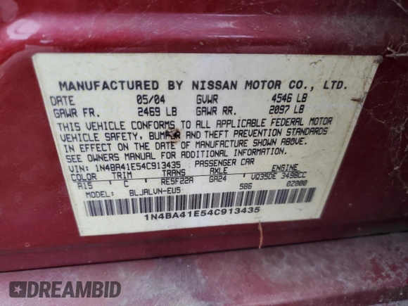 2004 Nissan Maxima SE with VIN 1N4BA41E54C913435, listed as a Copart auction lot 69258554 with 188,215 mi miles and Clean Title. Bid and sale history available at carsss.com. Image 13.