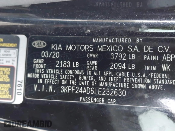 2020 Kia Forte LXS z VIN 3KPF24AD6LE232630, wystawiony jako IAAI lot #42107427 z przebiegiem 61 695 mil mil oraz . Historia ofert i sprzedaży dostępna na DreamBid. Obrazek 9.