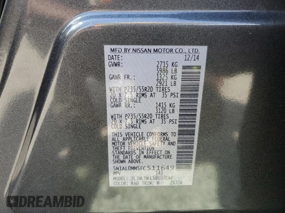 2015 Infiniti QX60 with VIN 5N1AL0MM5FC511649, listed as a Copart auction lot 54878025 with 158,232 mi miles and Salvage title. Bid and sale history available at DreamBid. Image 13.