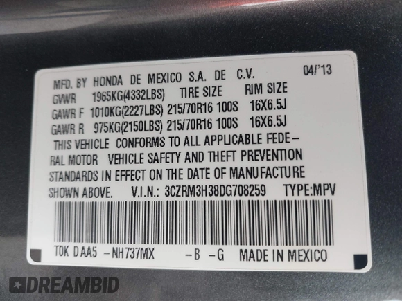 2013 Honda CR-V LX with VIN 3CZRM3H38DG708259, listed as a IAAI auction lot 41654647 with 141,855 mi miles. Bid and sale history available at carsss.com. Image 9.