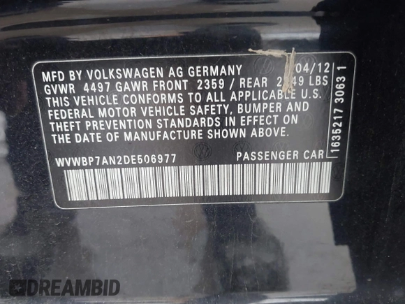 2013 Volkswagen CC Sport with VIN WVWBP7AN2DE506977, listed as a IAAI auction lot 41440929 with 62,385 mi miles. Bid and sale history available at carsss.com. Image 9.