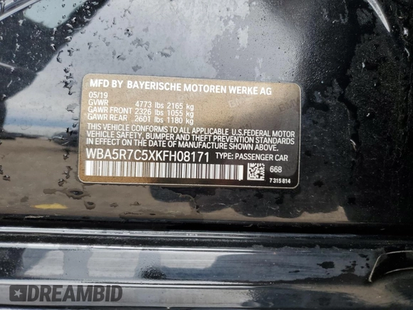 2019 BMW 3 Series 330i xDrive with VIN WBA5R7C5XKFH08171, listed as a Copart auction lot 57404905 with 45,340 mi miles and Salvage title. Bid and sale history available at DreamBid. Image 12.