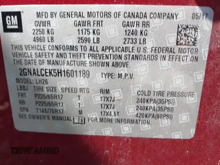 2017 Chevrolet Equinox LT with VIN 2GNALCEK5H1601189, listed as a IAAI auction lot 42038012 with 91,834 mi miles. Bid and sale history available at carsss.com. Image 9.