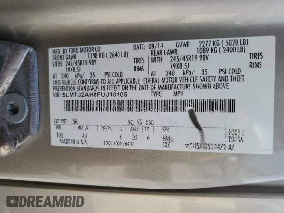 2015 Lincoln MKC with VIN 5LMTJ2AH8FUJ10105, listed as a Copart auction lot 51577095 with Not Provided miles and Salvage Title. Bid and sale history available at carsss.com. Image 13.