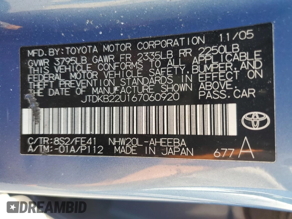 2006 Toyota Prius with VIN JTDKB22U167060920, listed as a Copart auction lot 53042705 with 265,147 mi miles and Salvage Title. Bid and sale history available at DreamBid. Image 12.