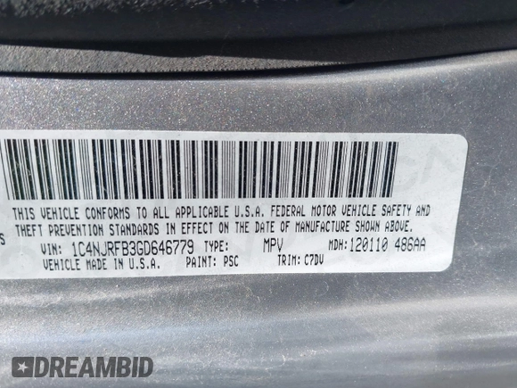2016 Jeep Patriot Latitude with VIN 1C4NJRFB3GD646779, listed as a IAAI auction lot 42541396 with 135,094 mi miles and . Bid and sale history available at DreamBid. Image 9.