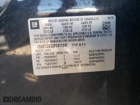 2015 GMC Terrain SLT with VIN 2GKFLSE33F6411946, listed as a Copart auction lot 56019945 with 112,631 mi miles and Salvage title. Bid and sale history available at DreamBid. Image 12.
