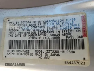 2000 Toyota Celica GT with VIN JTDDR32T1Y0014999, listed as a Copart auction lot 53584735 with Not provided miles and Clean title. Bid and sale history available at DreamBid. Image 12.