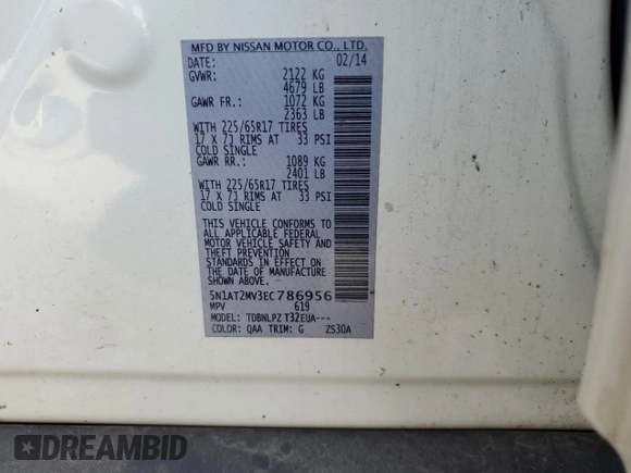 2014 Nissan Rogue SL with VIN 5N1AT2MV3EC786956, listed as a Copart auction lot 57509404 with 149,435 mi miles and Non Repairable. Bid and sale history available at DreamBid. Image 12.