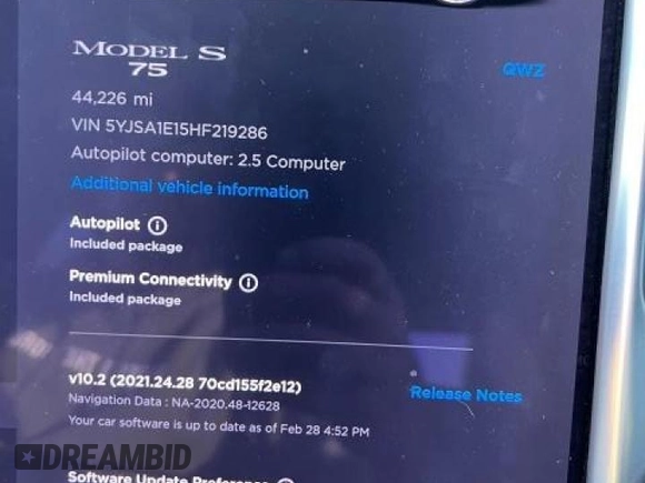 2017 Tesla Model S 60 with VIN 5YJSA1E15HF219286, listed as a Copart auction lot 48075335 with 44,226 mi miles and Salvage title. Bid and sale history available at DreamBid. Image 8.