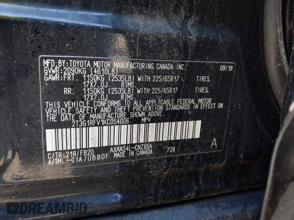 2019 Toyota RAV4 LE with VIN 2T3G1RFV1KC054006, listed as a IAAI auction lot 41781405 with 41,635 mi miles and . Bid and sale history available at DreamBid. Image 9.