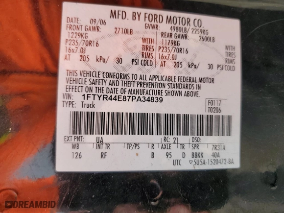2007 Ford Ranger STX with VIN 1FTYR44E87PA34839, listed as a Copart auction lot 43004735 with 169,366 mi miles and Salvage Title. Bid and sale history available at carsss.com. Image 12.