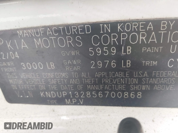 2005 Kia Sedona LX with VIN KNDUP132856700868, listed as a IAAI auction lot 41661428 with 229,142 mi miles. Bid and sale history available at carsss.com. Image 9.