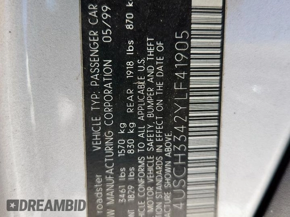 2000 BMW Z3 2.8 with VIN 4USCH3342YLF41905, listed as a Copart auction lot 60073085 with Not provided miles and Salvage title. Bid and sale history available at DreamBid. Image 12.