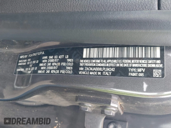 2020 Jeep Renegade Latitude with VIN ZACNJABB8LPL84242, listed as a IAAI auction lot 40763354 with 72,149 mi miles and . Bid and sale history available at DreamBid. Image 9.