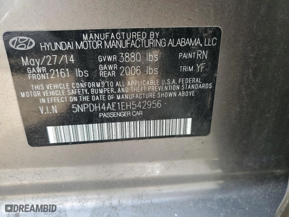 2014 Hyundai Elantra Limited with VIN 5NPDH4AE1EH542956, listed as a Copart auction lot 51448885 with 196,160 mi miles and Clean Title. Bid and sale history available at carsss.com. Image 12.