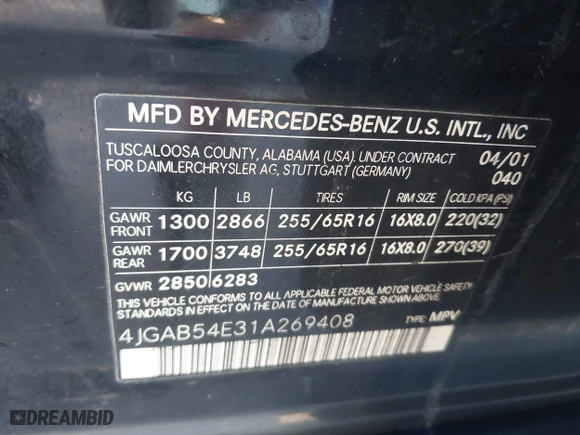 2001 Mercedes-Benz M-Class with VIN 4JGAB54E31A269408, listed as a IAAI auction lot 41642163 with 1 mi miles. Bid and sale history available at carsss.com. Image 9.