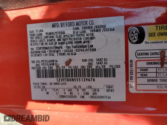 2005 Ford Mustang Deluxe z VIN 1ZVFT80N555129676, wystawiony jako Copart lot #52985715 z przebiegiem 135 160 mil mil oraz Szkoda całkowita • Salvage title. Historia ofert i sprzedaży dostępna na DreamBid. Obrazek 15.