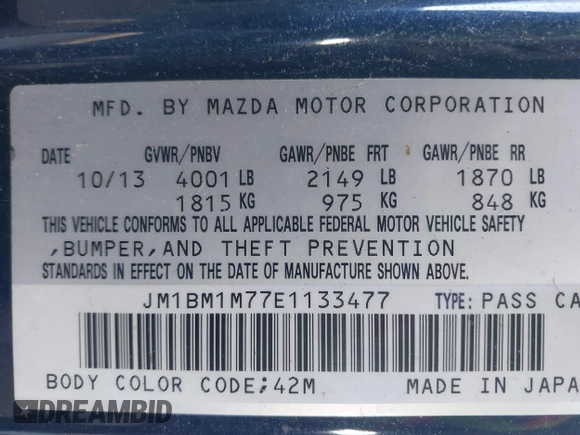 2014 Mazda 3 i Grand Touring with VIN JM1BM1M77E1133477, listed as a IAAI auction lot 41861051 with 124,377 mi miles and . Bid and sale history available at DreamBid. Image 9.