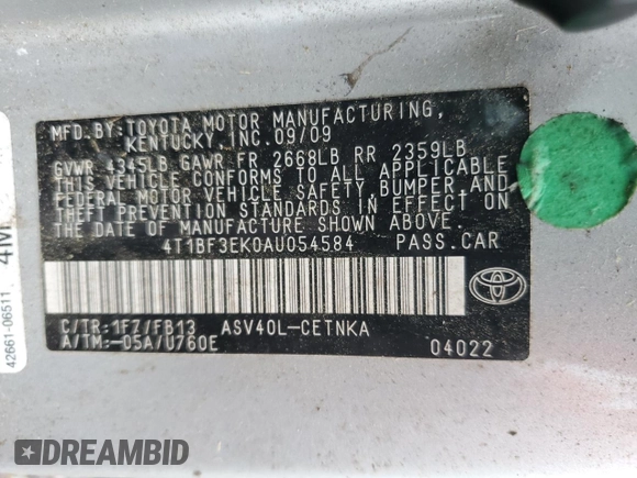 2010 Toyota Camry with VIN 4T1BF3EK0AU054584, listed as a Copart auction lot 56517085 with 107,178 mi miles and Clean Title. Bid and sale history available at DreamBid. Image 12.