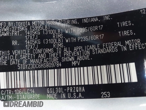 2017 Toyota Sienna XLE Auto Access Seat with VIN 5TDYZ3DC6HS809784, listed as a IAAI auction lot 41546264 with 98,937 mi miles and . Bid and sale history available at DreamBid. Image 9.