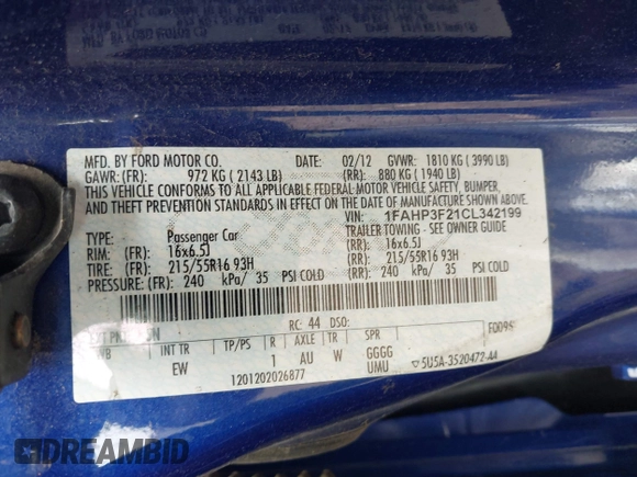 2012 Ford Focus SE with VIN 1FAHP3F21CL342199, listed as a IAAI auction lot 42119170 with 185,307 mi miles and . Bid and sale history available at carsss.com. Image 9.