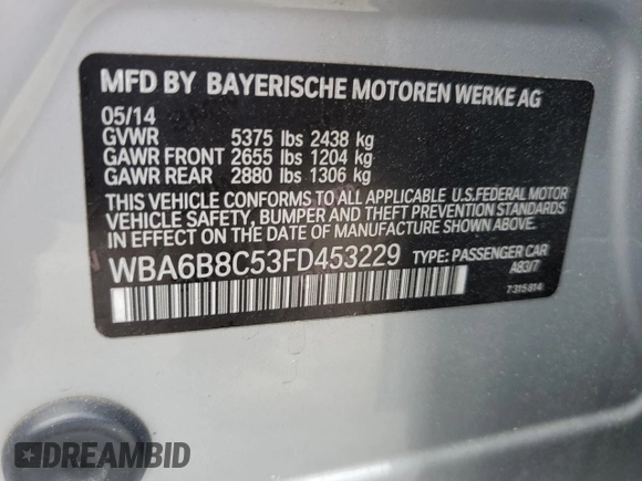2015 BMW 6 Series 640i xDrive z VIN WBA6B8C53FD453229, wystawiony jako Copart lot #60371214 z przebiegiem 116 624 mil mil oraz Szkoda całkowita • Salvage title. Historia ofert i sprzedaży dostępna na DreamBid. Obrazek 13.