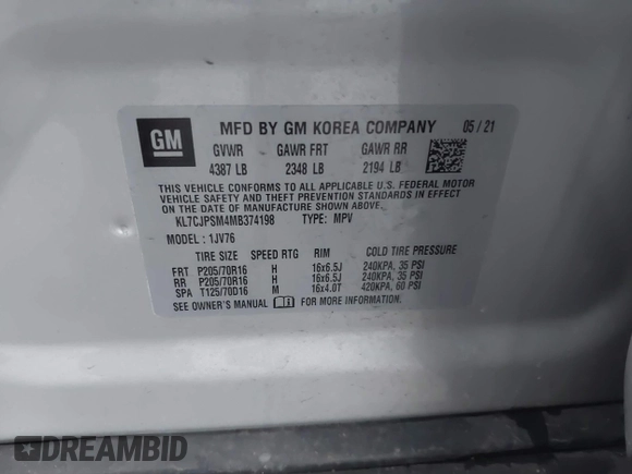 2021 Chevrolet Trax LT with VIN KL7CJPSM4MB374198, listed as a IAAI auction lot 41190073 with 68,733 mi miles and . Bid and sale history available at DreamBid. Image 9.