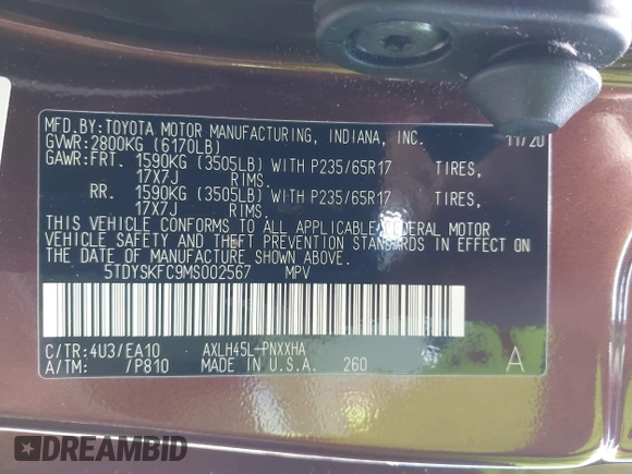 2021 Toyota Sienna XLE with VIN 5TDYSKFC9MS002567, listed as a IAAI auction lot 42162619 with 47,793 mi miles and . Bid and sale history available at DreamBid. Image 9.