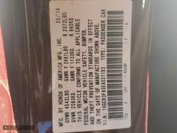 2014 Honda Accord Sedan EX-L with VIN 1HGCR3F85EA037193, listed as a Copart auction lot 85101034 with 131,636 mi miles and Salvage Title. Bid and sale history available at carsss.com. Image 12.