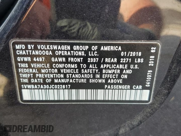 2018 Volkswagen Passat SE with VIN 1VWBA7A30JC022617, listed as a Copart auction lot 53882785 with 109,082 mi miles and Salvage title. Bid and sale history available at DreamBid. Image 12.