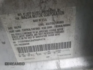 2004 Mazda 6 i with VIN 1YVFP80C045N09474, listed as a Copart auction lot 85890304 with 200,748 mi miles and Salvage Title. Bid and sale history available at DreamBid. Image 12.