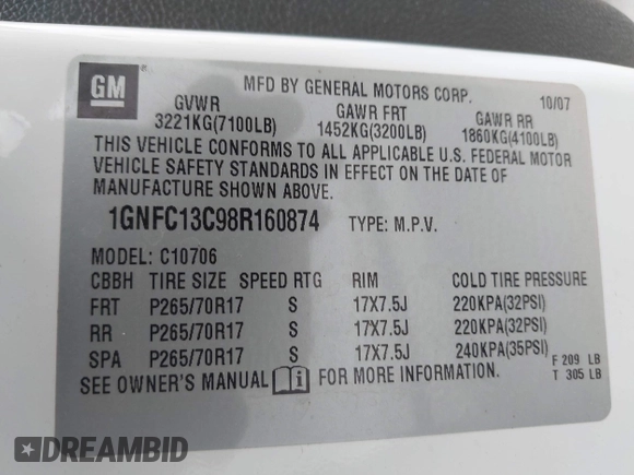 2008 Chevrolet Tahoe LS z VIN 1GNFC13C98R160874, wystawiony jako IAAI lot #42532220 z przebiegiem 238 107 mil mil oraz . Historia ofert i sprzedaży dostępna na DreamBid. Obrazek 9.