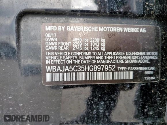 2017 BMW 5 Series 530i with VIN WBAJA5C35HG897952, listed as a Copart auction lot 55691385 with 135,869 mi miles and Salvage title. Bid and sale history available at DreamBid. Image 13.