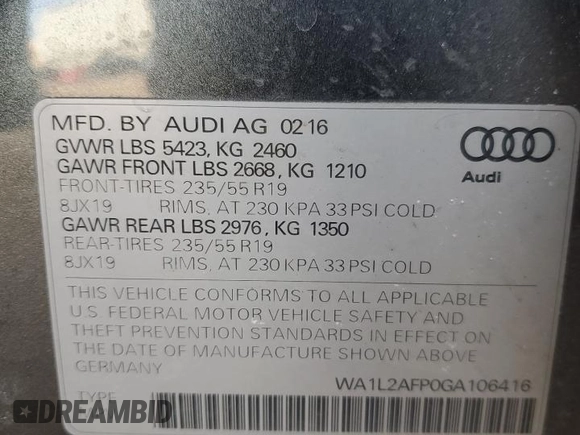 2016 Audi Q5 Premium Plus with VIN WA1L2AFP0GA106416, listed as a Copart auction lot 49896055 with 132,600 mi miles and Salvage Title. Bid and sale history available at carsss.com. Image 15.
