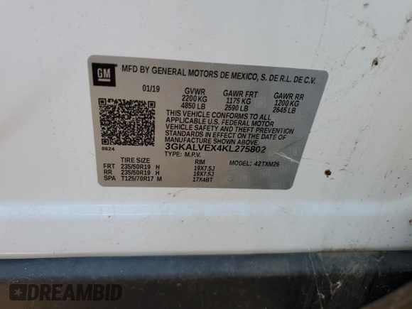 2019 GMC Terrain SLT with VIN 3GKALVEX4KL275802, listed as a Copart auction lot 72000084 with 53,450 mi miles and Clean Title. Bid and sale history available at carsss.com. Image 13.