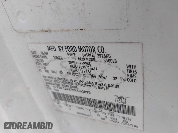 2009 Ford F-150 XL with VIN 1FTRF12WX9KC63899, listed as a IAAI auction lot 41407330 with 276,991 mi miles and . Bid and sale history available at DreamBid. Image 9.